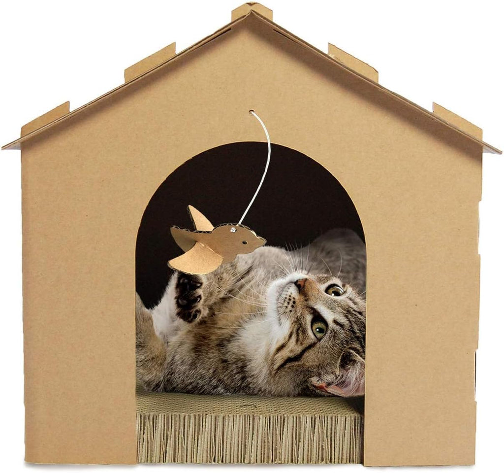 Pet Furniture for Cats and Kittens - Gingerbread House Corrugated Cat Scratcher Hideout with Catnip, Cardboard (Brown), One Size