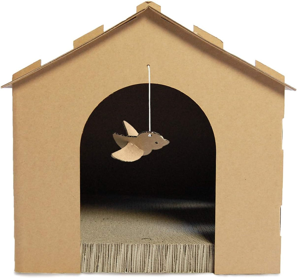 Pet Furniture for Cats and Kittens - Gingerbread House Corrugated Cat Scratcher Hideout with Catnip, Cardboard (Brown), One Size